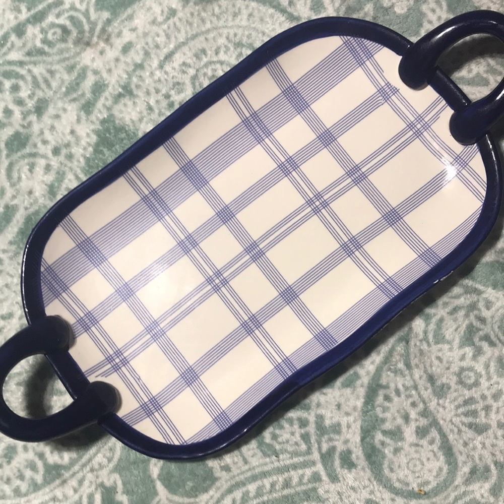 NEW Blue Plaid Ceramic Serving Dish